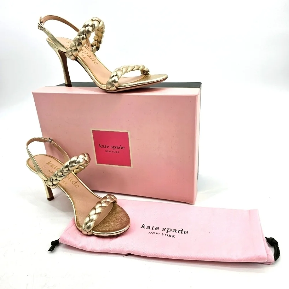 Kate Spade Saffron Heels Sandals Metallic Gold Braided in Pale Gold 7.5 NEW